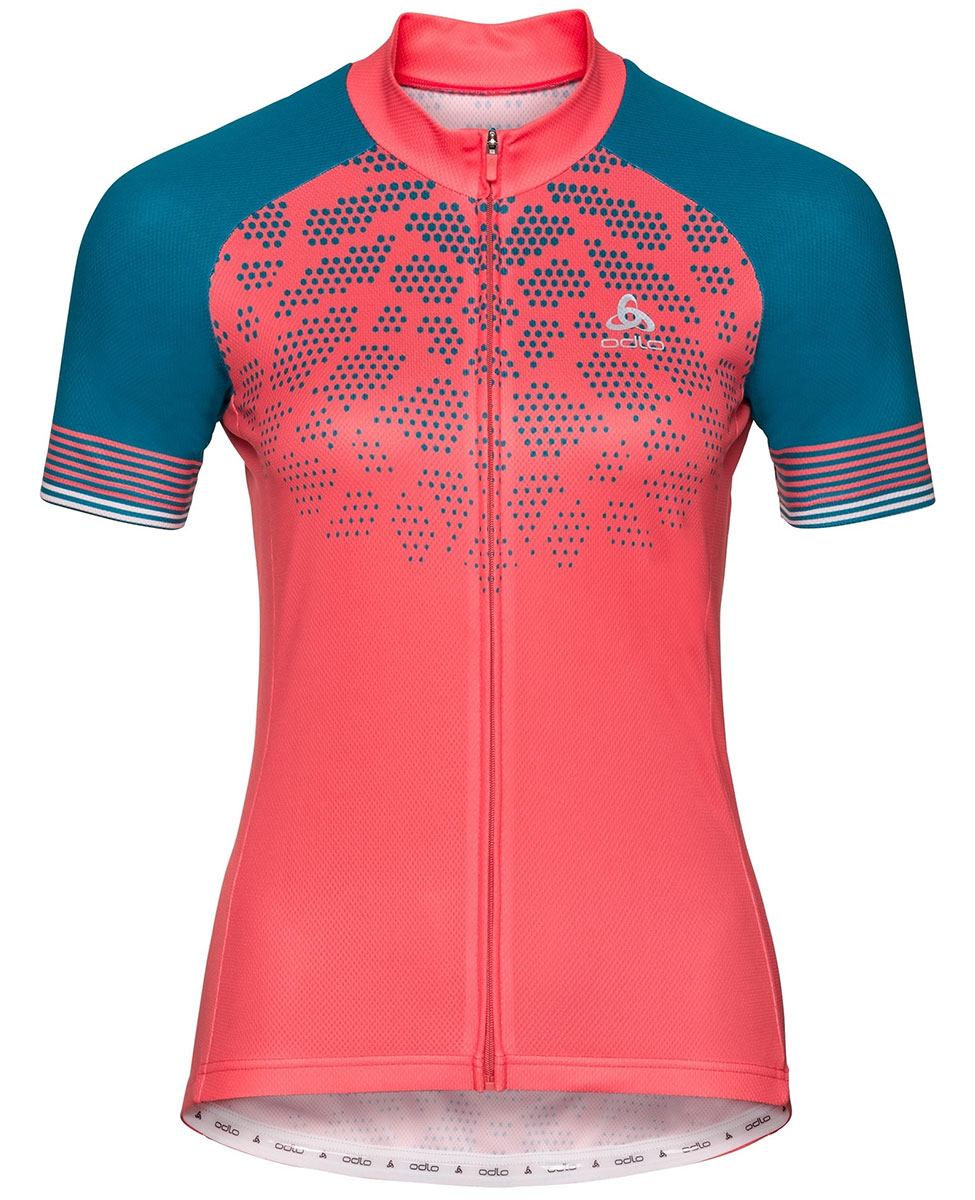 Odlo Fujin Print - damska koszulka rowerowa z krótkim rękawkiem koralowa/niebieska
